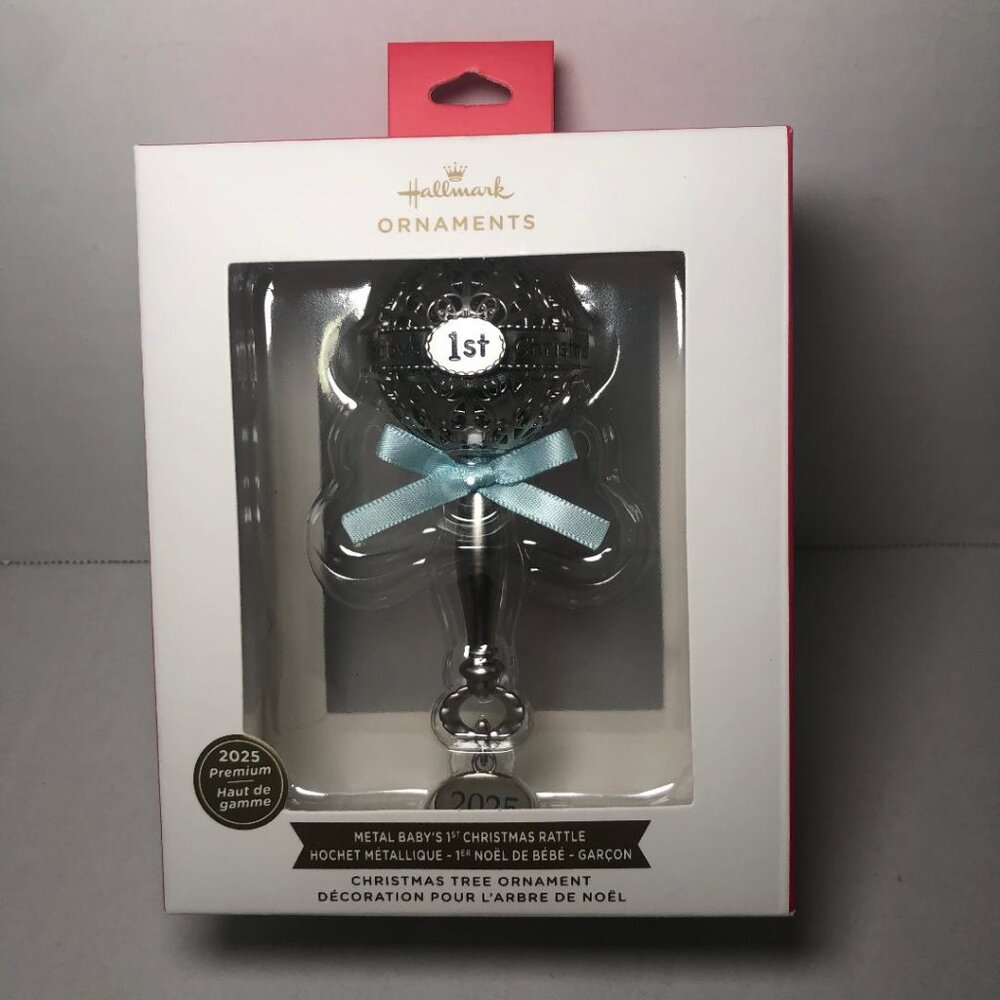 2025 Baby's First Christmas Ornament Hallmark Sliver Rattle Blue Bow Boy
